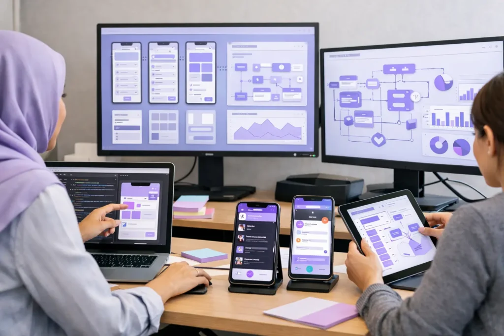 app development workspace showing mobile app developers actively building and testing a custom application