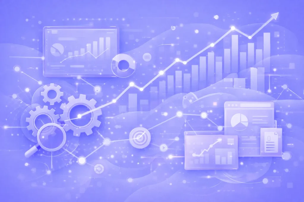 SEO growth with charts, graphs, and connected digital icons representing strategy and teamwork.