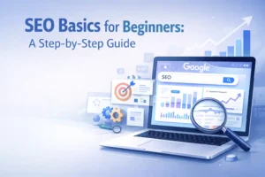 An illustration of a laptop displaying SEO tools and graphs, symbolizing SEO basics for beginners.
