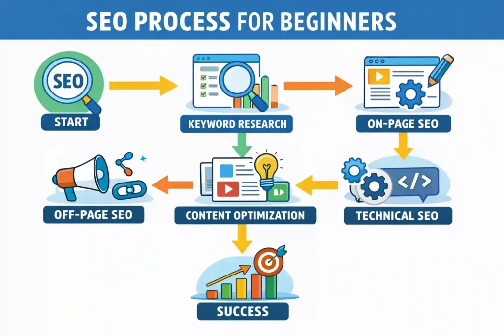 An infographic illustrating the step-by-step SEO process for beginners, from keyword research to achieving success.

