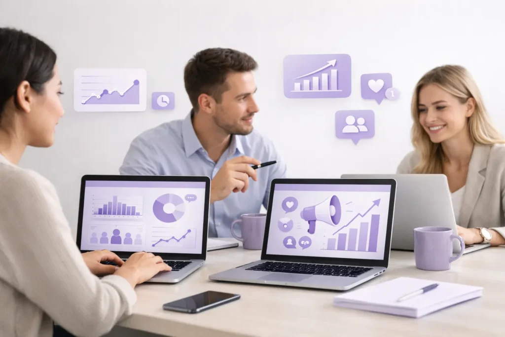 Social media marketing experts reviewing campaign performance with lavender-accented analytics and engagement visuals