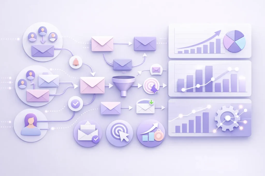 A digital illustration of email marketing automation with pastel tones and performance analytics.
