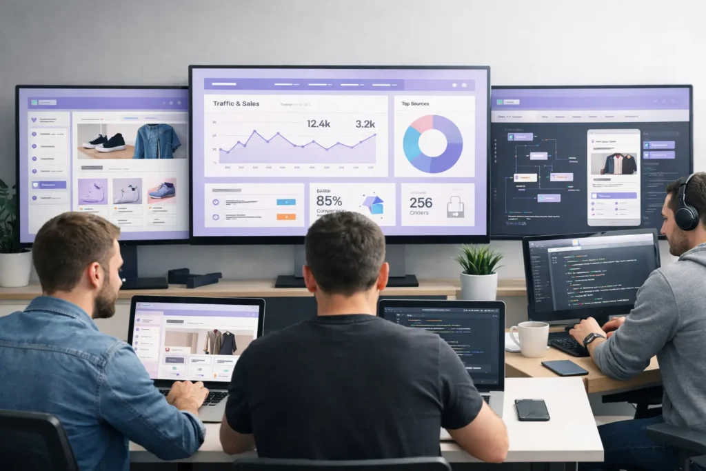 A professional Shopify development workspace showing male developers working on laptops and large screens displaying custom Shopify stores