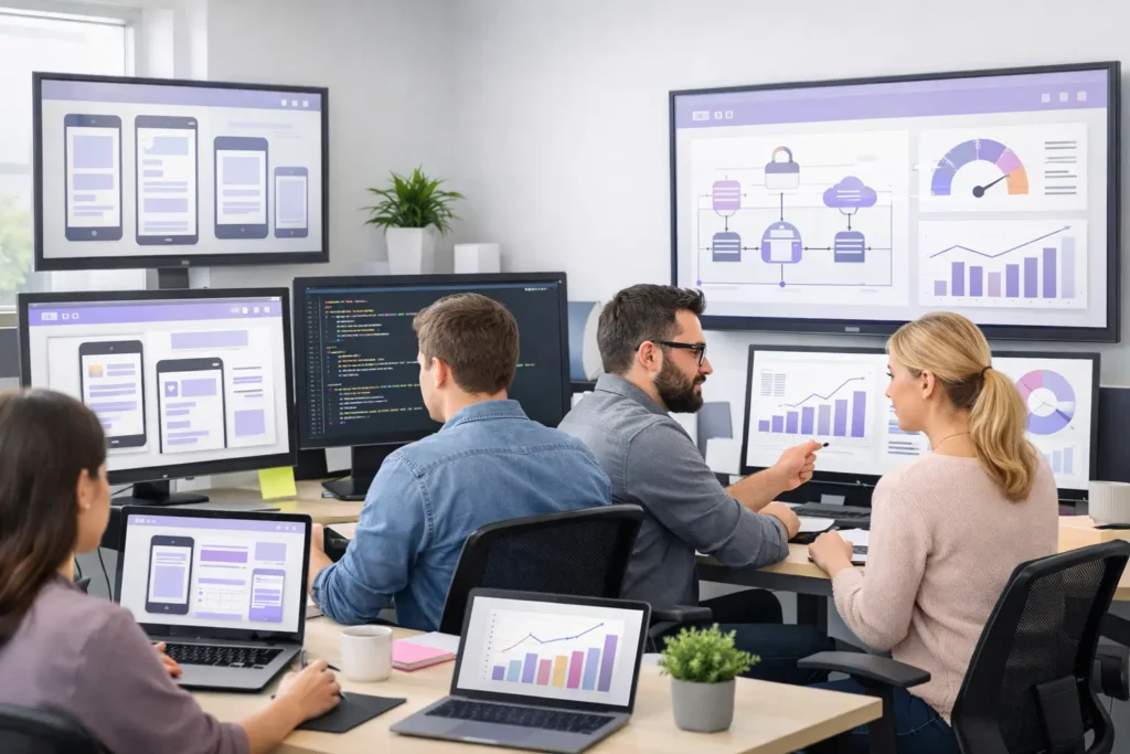 tech workspace showing web developers working on laptops