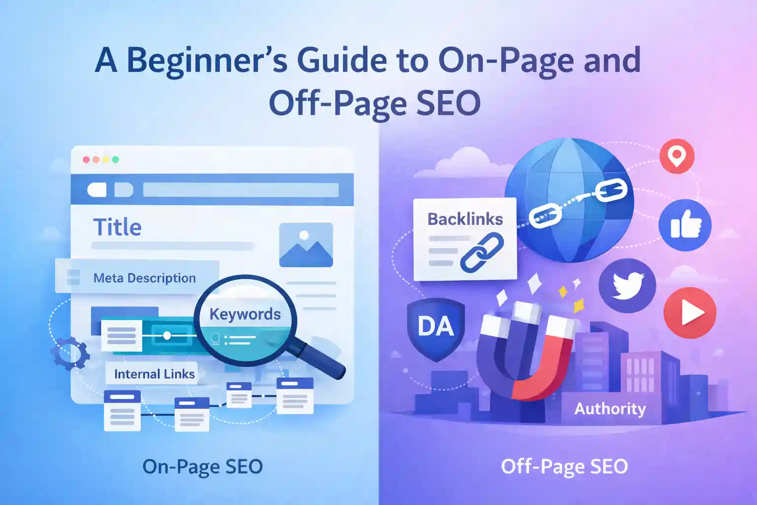 Visual guide explaining on-page and off-page SEO, showing keywords, meta tags, internal links, backlinks, domain authority, and social signals.