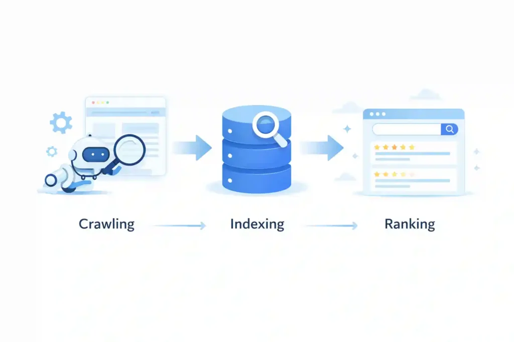 Illustration showing the search engine process of crawling, indexing, and ranking a website using bots, databases, and search results.