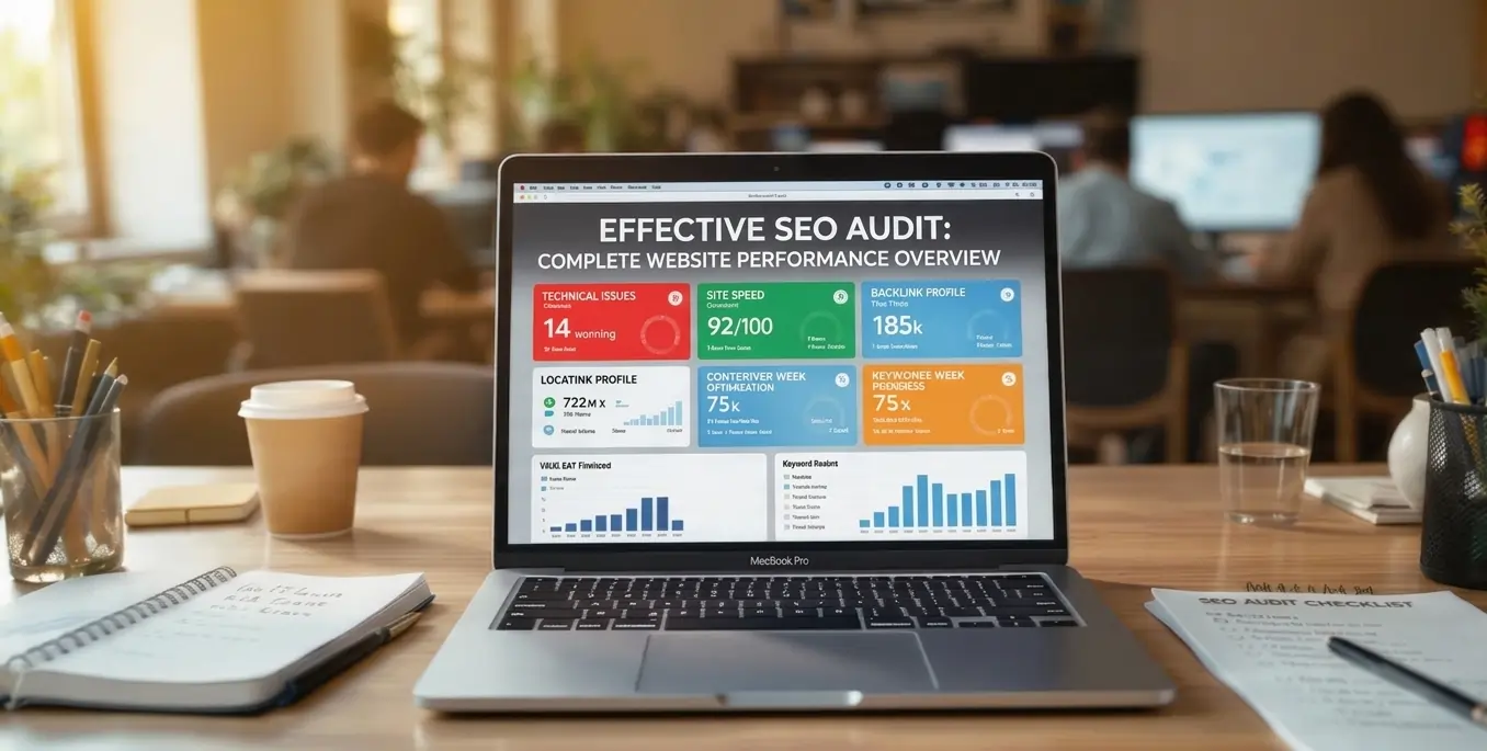 Laptop displaying an SEO audit dashboard with technical issues, site speed, backlinks, and performance metrics.