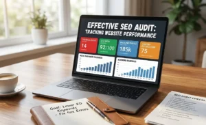 Laptop screen displaying an SEO performance dashboard with metrics for technical issues, site speed, and keyword rankings next to a handwritten audit checklist.