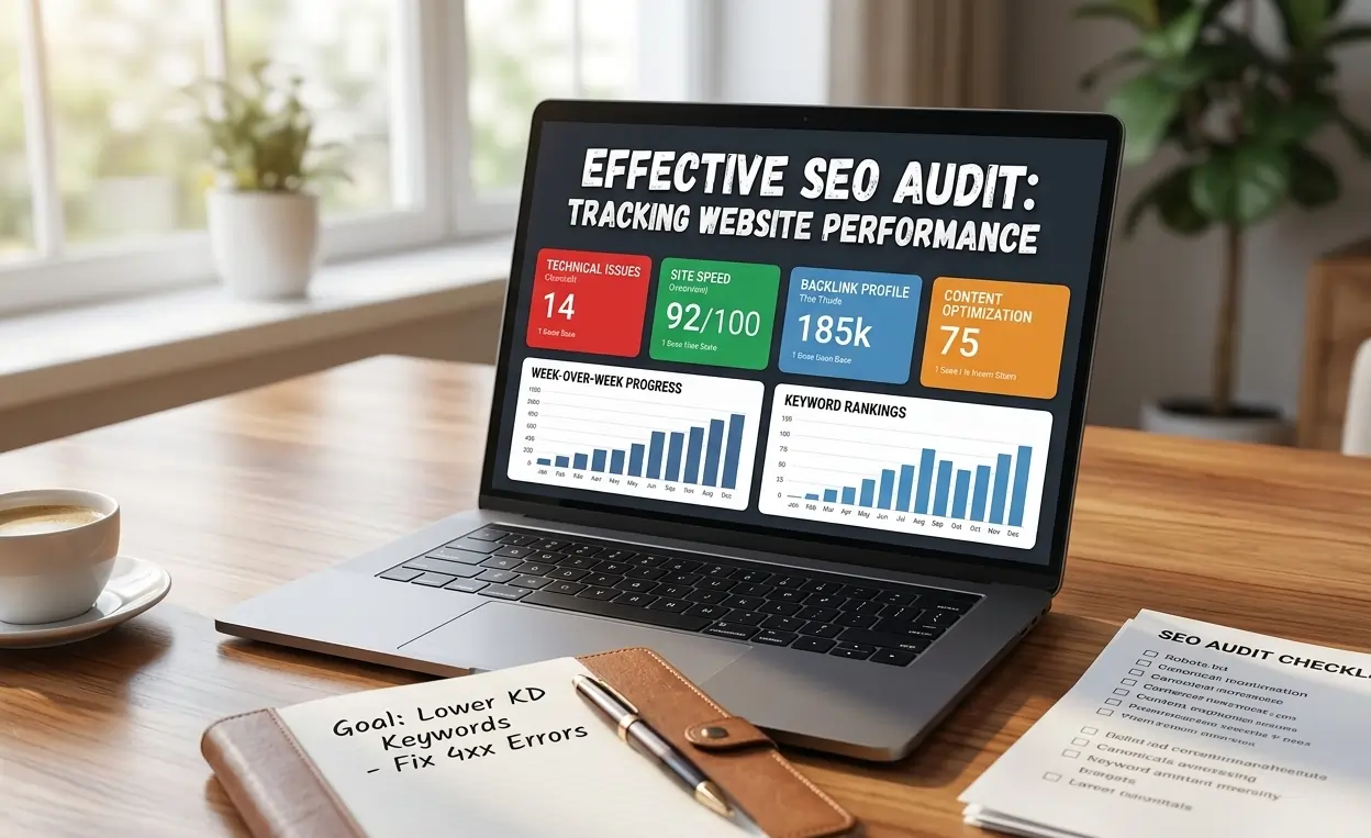 Laptop screen displaying an SEO performance dashboard with metrics for technical issues, site speed, and keyword rankings next to a handwritten audit checklist.