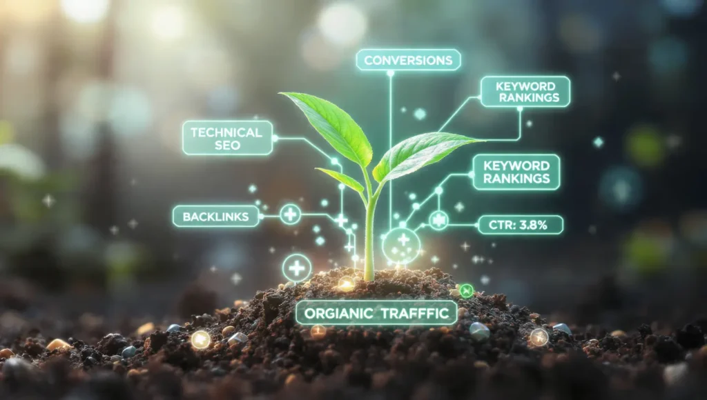 Conceptual illustration of a growing plant representing organic traffic, with digital labels for key SEO metrics like backlinks, technical SEO, and conversions.
