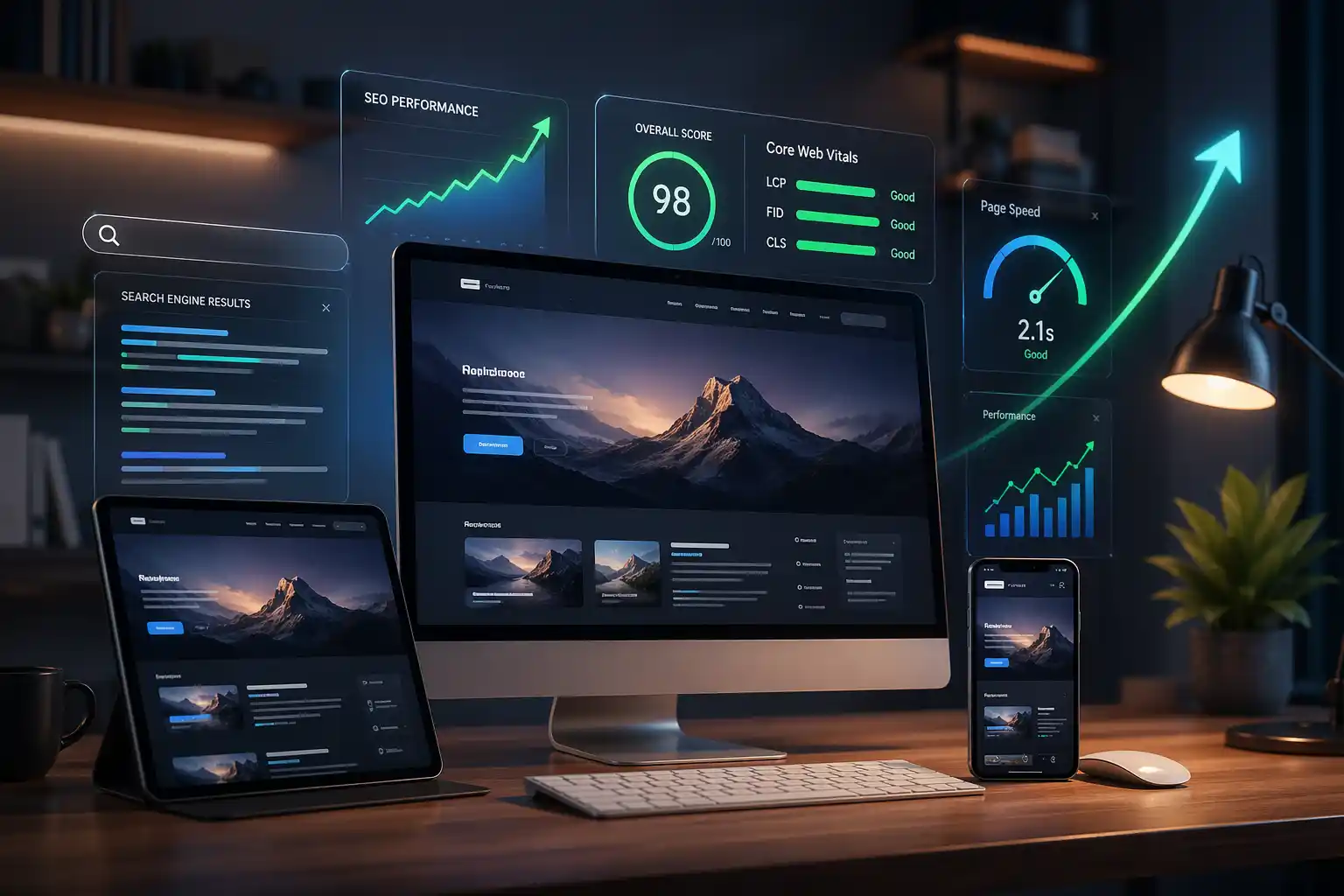Ultra-realistic website design concept showing responsive web design across multiple devices