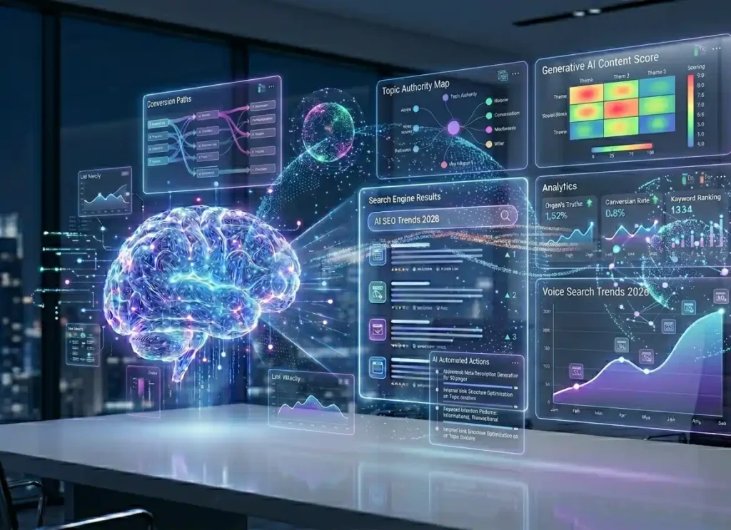 AI-powered SEO dashboard showing brain-like neural network, content analytics, keyword rankings, and search optimization insights in a futuristic interface.
