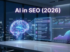AI in SEO 2026 concept showing AI-powered dashboard with neural network, search results, and analytics trends visualization